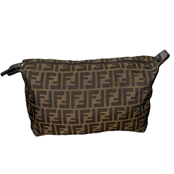 Fendi FF Zucca Print Cosmetic Pouch Clutch Bag Leather Accents - Picture 3 of 16